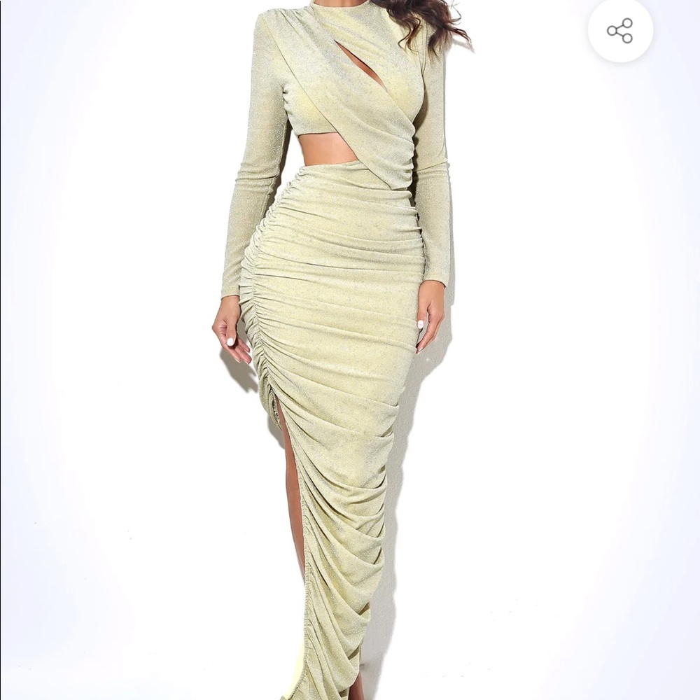 Payson Pale Yellow Long Sleeve Metallic Jersey Cutout Dress